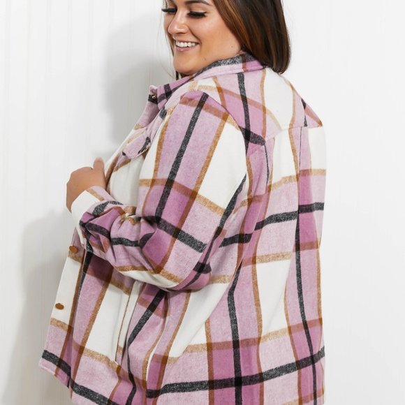 Zenana Fall Break Plaid Shacket Pink - Picture 3 of 7